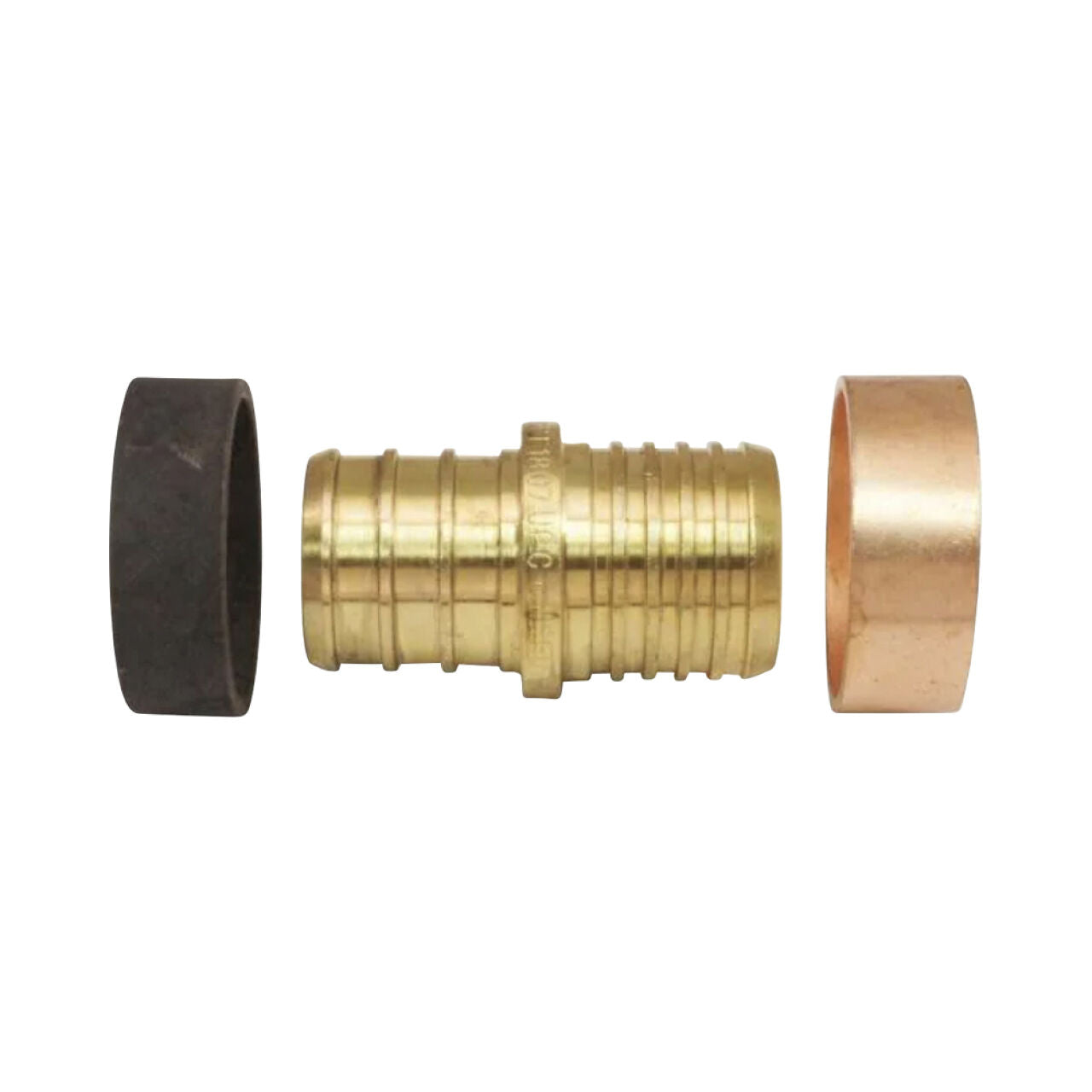 A black plastic ring, a copper ring, and a Go Build 3/4 in. Brass PEX Barb Polybutylene Coupling are aligned on a white background, ideal for use in PEX plumbing systems.